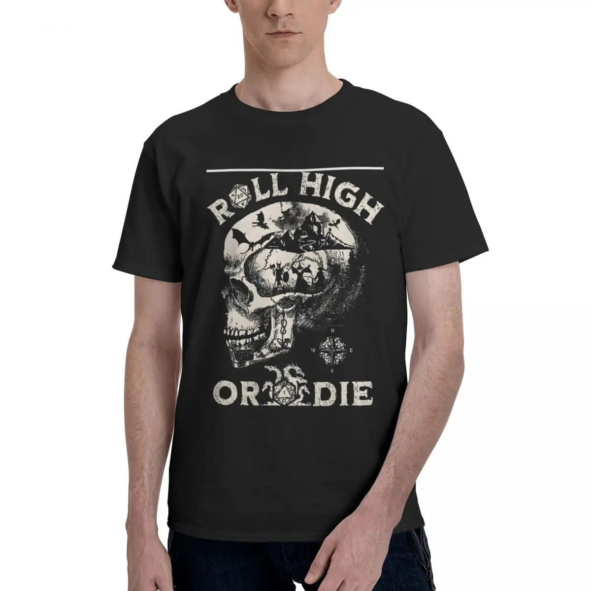 T-shirt Roll High Or Die Party Fighting Dragons In A Skull Scene S Black Cotton Dungeons and Dragons short sleeve Man Tee Shirt