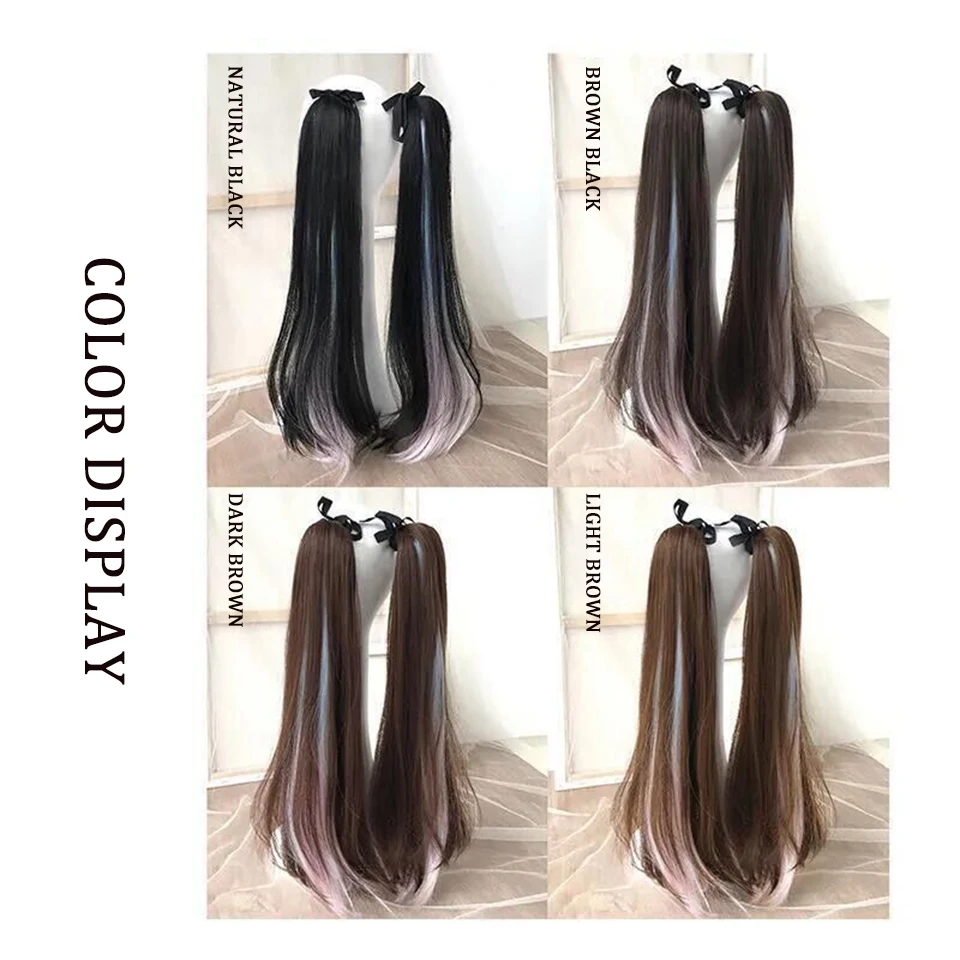 EAST Wig sintetis kepang ekor kuda, rambut palsu lurus panjang tipe tali alami highlight ekor kuda bisa terikat dengan ekor kuda rendah