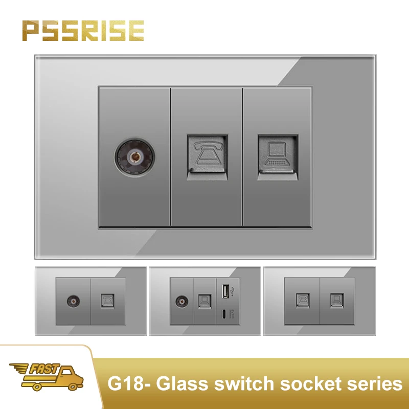 

PSSRISE Grey ALL Countries Universal Wall Socket 2.1A USB Type C Charger Power Socket Glass Panel TV TEL Computer Socket Switch