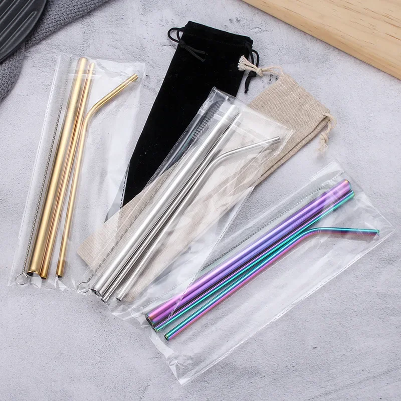 Rainbow Color Reusable Metal Straws Set with Cleaner Brush 304 Stainless Steel Drinking Straw Milk Drinkware Bar Party Accessory