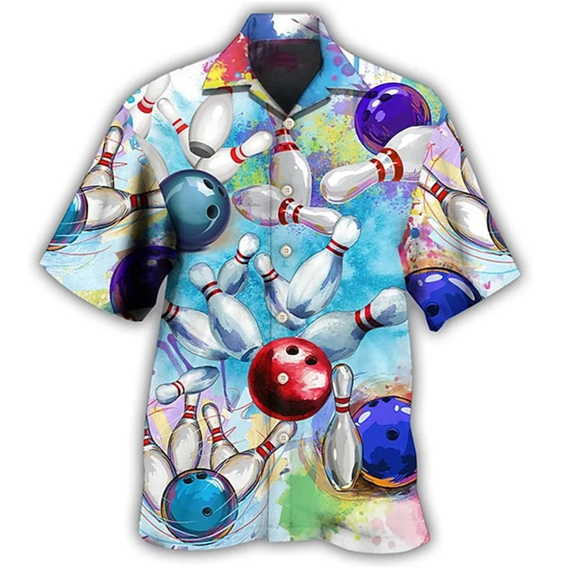 

3d Bowling Print Hawaiian Shirt For Men Clothing Beach Party Casual Lapel Collar Shirt Summer Vacation Short Sleeve Aloha Blouse