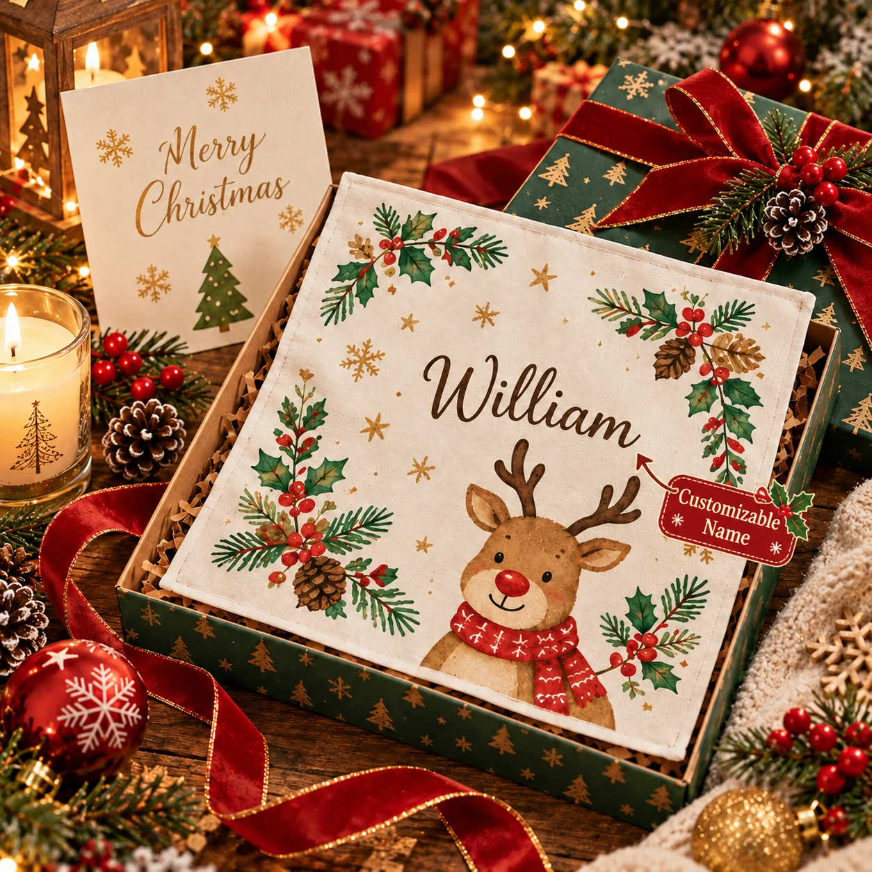 Personalized Reindeer Christmas Handkerchief, Custom Name Holiday Printed Hanky with Festive Reindeer Elements, Perfect Gift & D