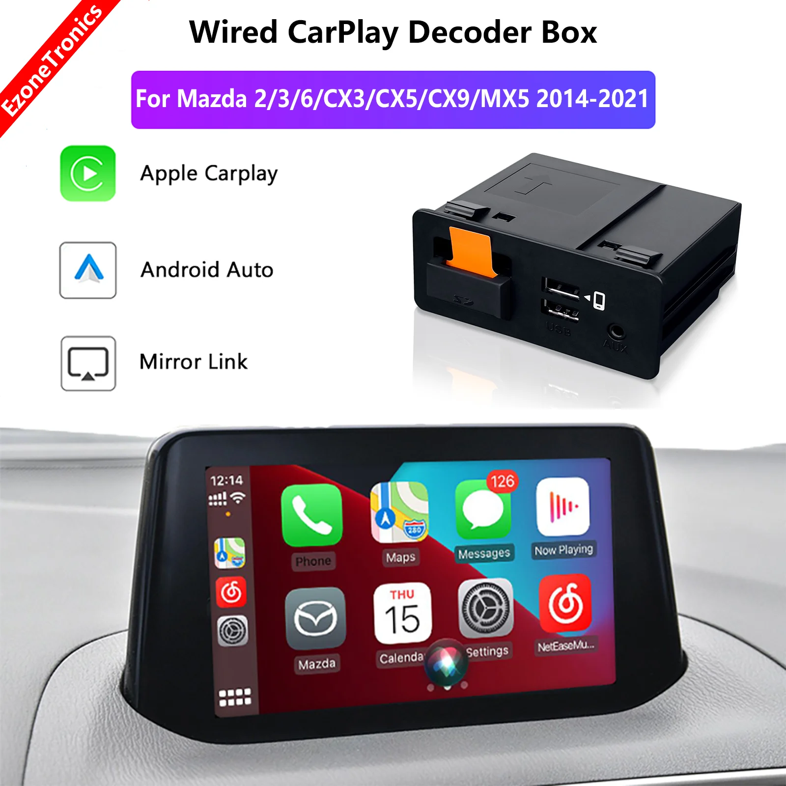 EzoneTronics bedrade Carplay Adapter Compatibel met Voor Mazda 2/3/6/CX3/CX5/CX9/MX5 2014-2021 Fit voor Carplay & Android Auto