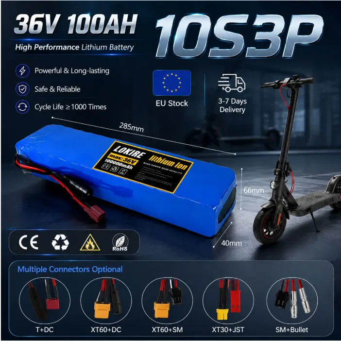 36V 36Ah 18650 Lithium-Akku 10S3P 600W Elektrofahrrad-Roller-Akku mit BMS, anpassbarem Stecker, wiederaufladbarer E-Bike-Akku