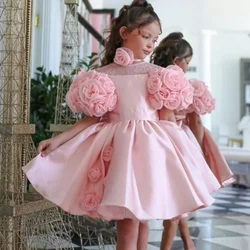 New Pink Puffy Flower Girl Dress Short Sleeves Princess Kid Beauty Pageant Birthday Party Prom Gown First Communion Dress