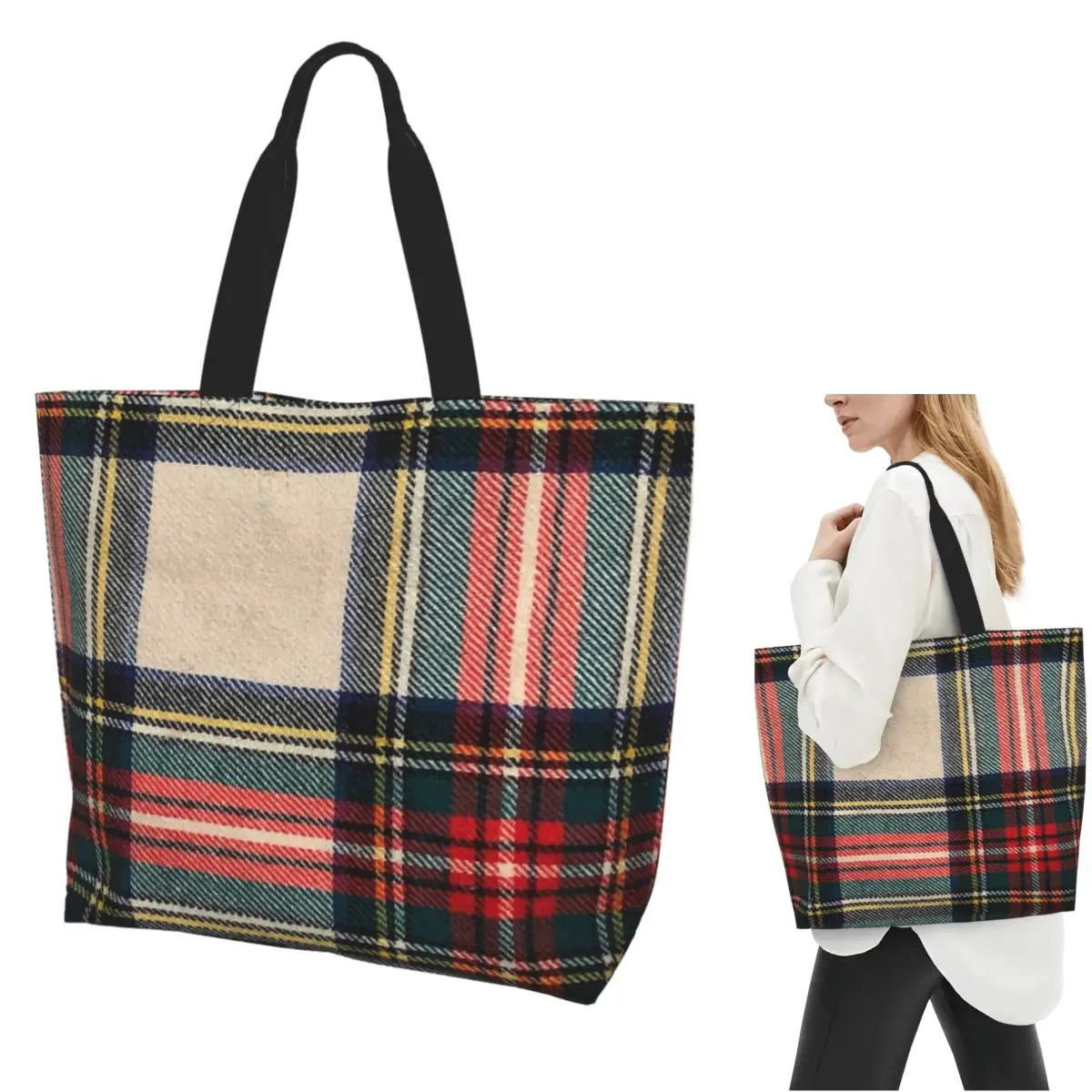 Stewart Dress Tartan Shopping Tote Bag Canvas Large Capacity Shoulder Bags Shopper Grocery Handbag for Women
