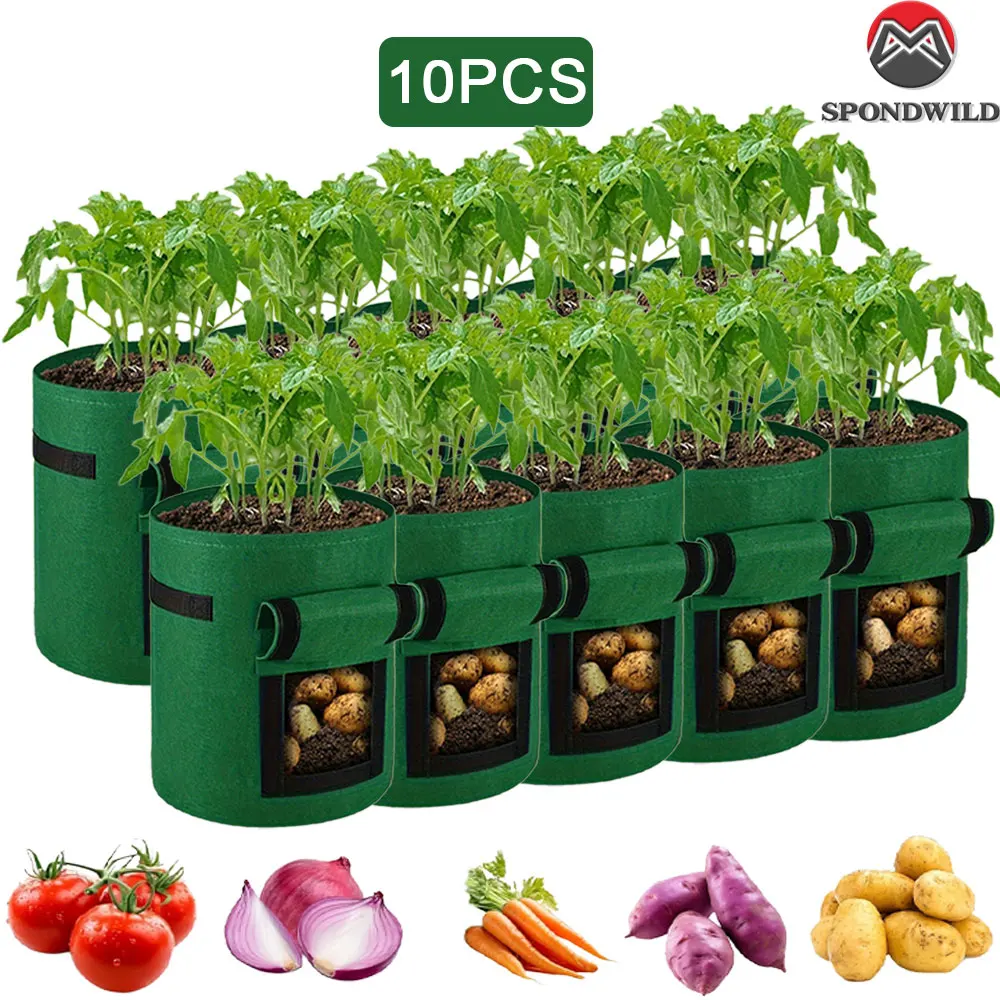 

SPONDWILD 10pcs set Potato Onion Tomato Grow Bag 10/7/4 Gallon Thickened Non-Woyen Fabric Pot Vegetables Planter Tub Growing Bag
