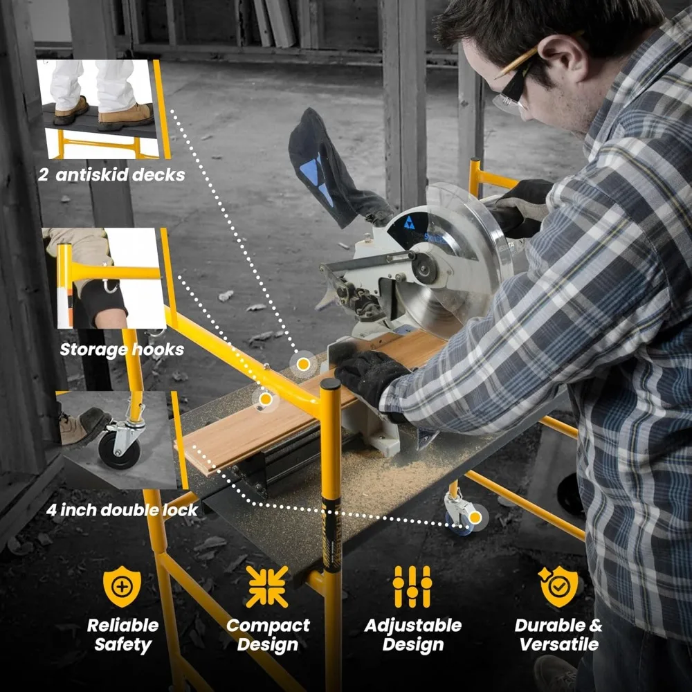 Scaffolding Platform, 9-foot Extension, 500 Pound Load Capacity, with Locking Wheels, Yellow