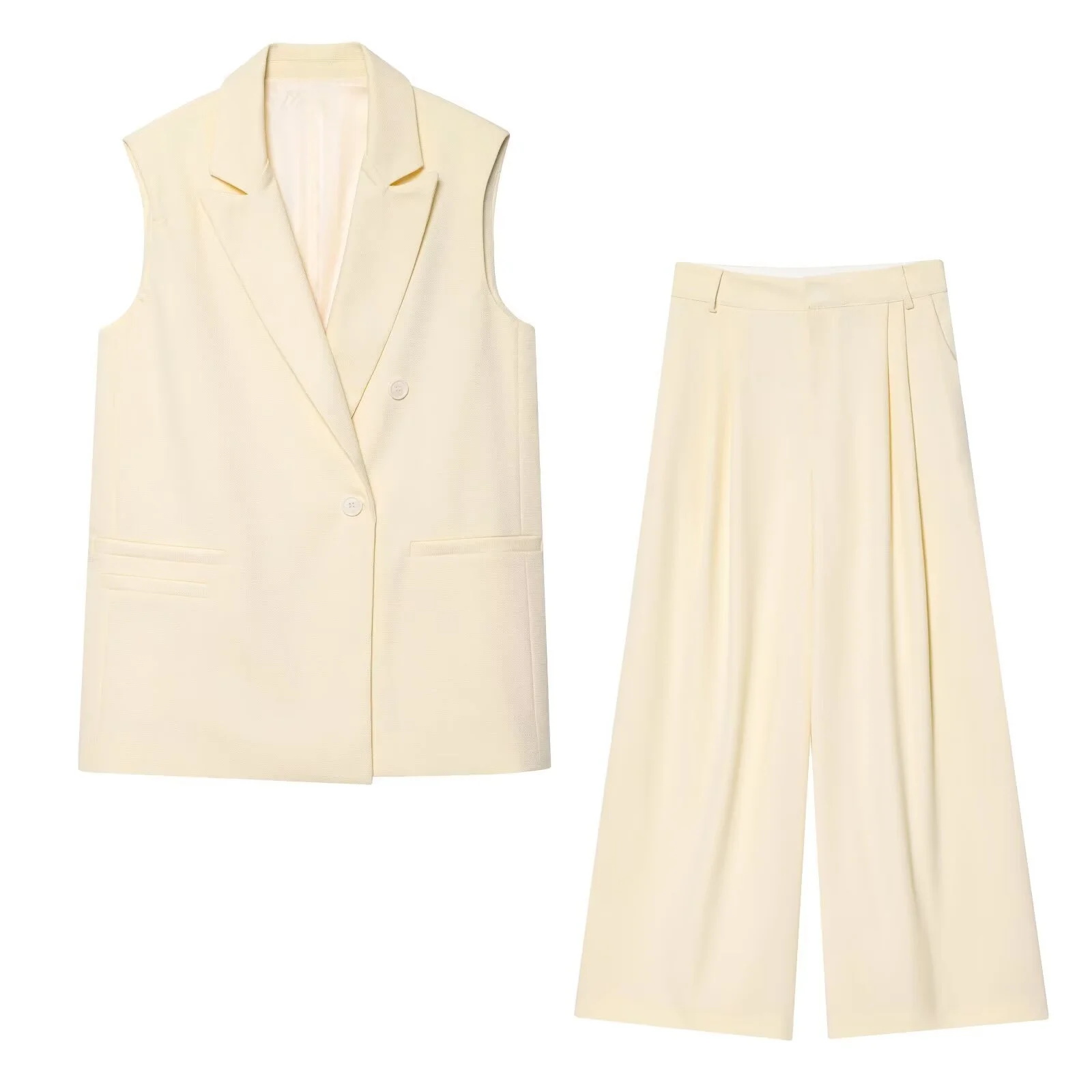 

MYST&ZA Women's Summer New Double Breasted Suit Collar Elegant Sleeveless Vest Top and Pleated Casual Loose Wide Leg Pants