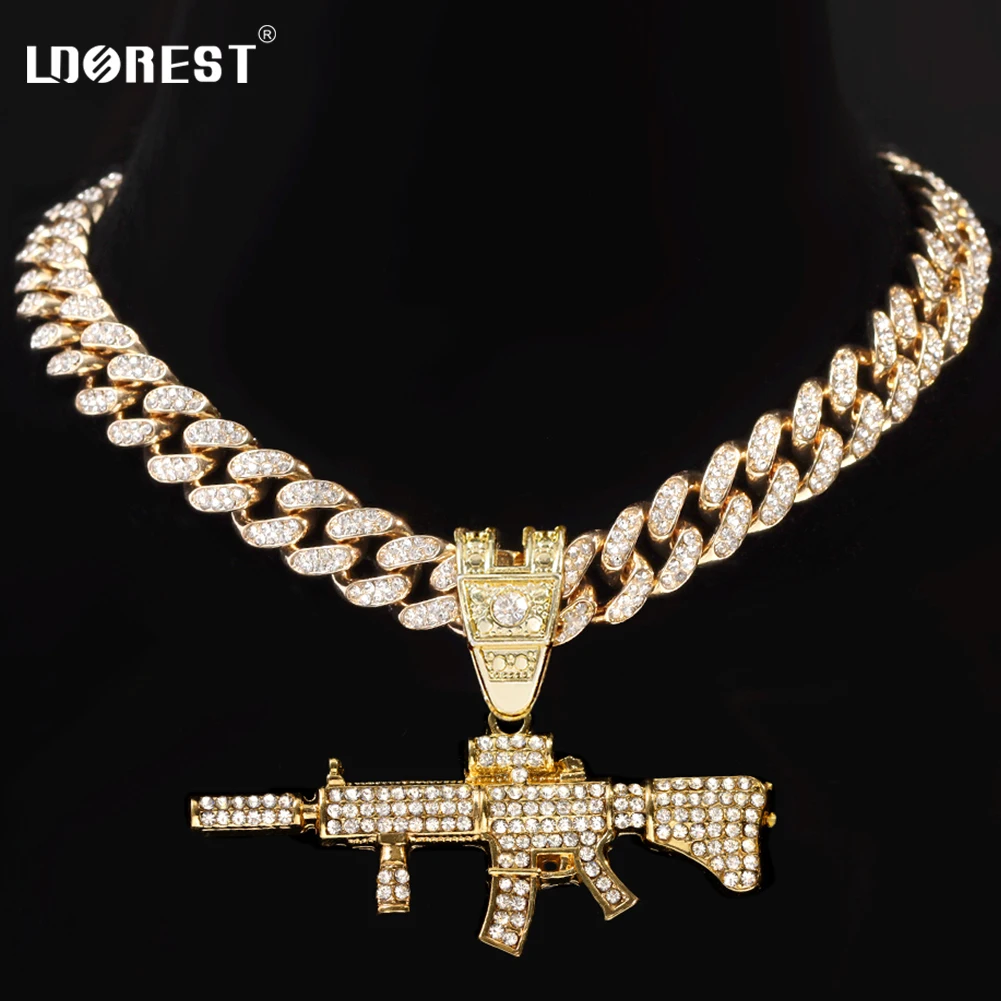 HipHop Bling AK47 Gun Pendant Necklace Women Men 13mm Cuban Miami Cuban Link Necklaces Chunky Metal Chain Rock Jewelry Wholesale