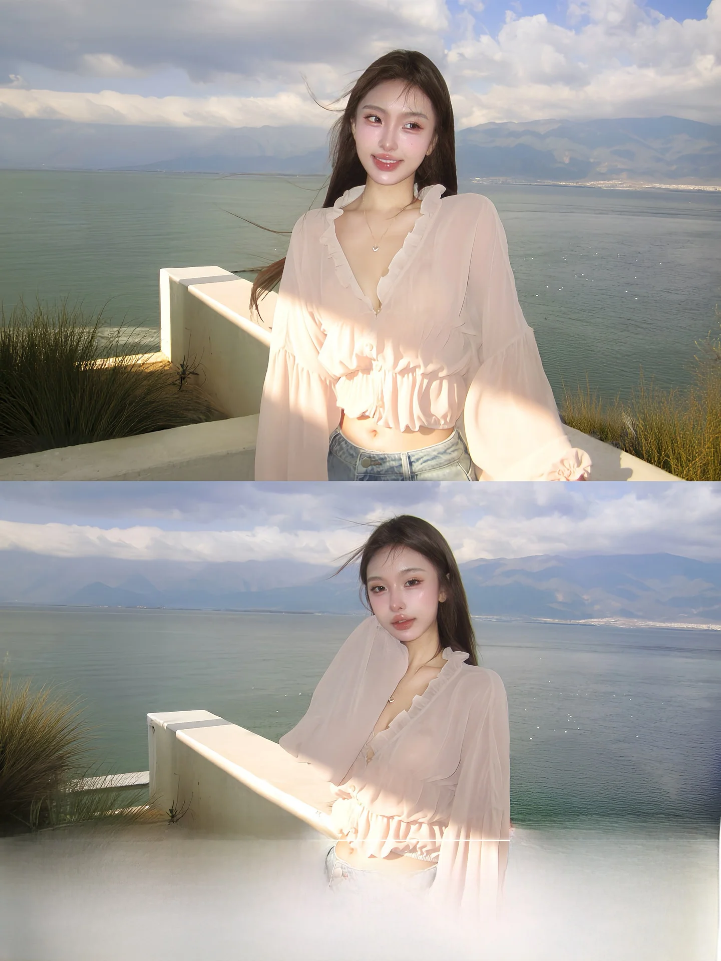 

OYFF Long Sleeve Chiffon Shirt Women's Breathable Waist Cinched Micro Translucent V Neck Short Length Bubble Sleeve Girl Style