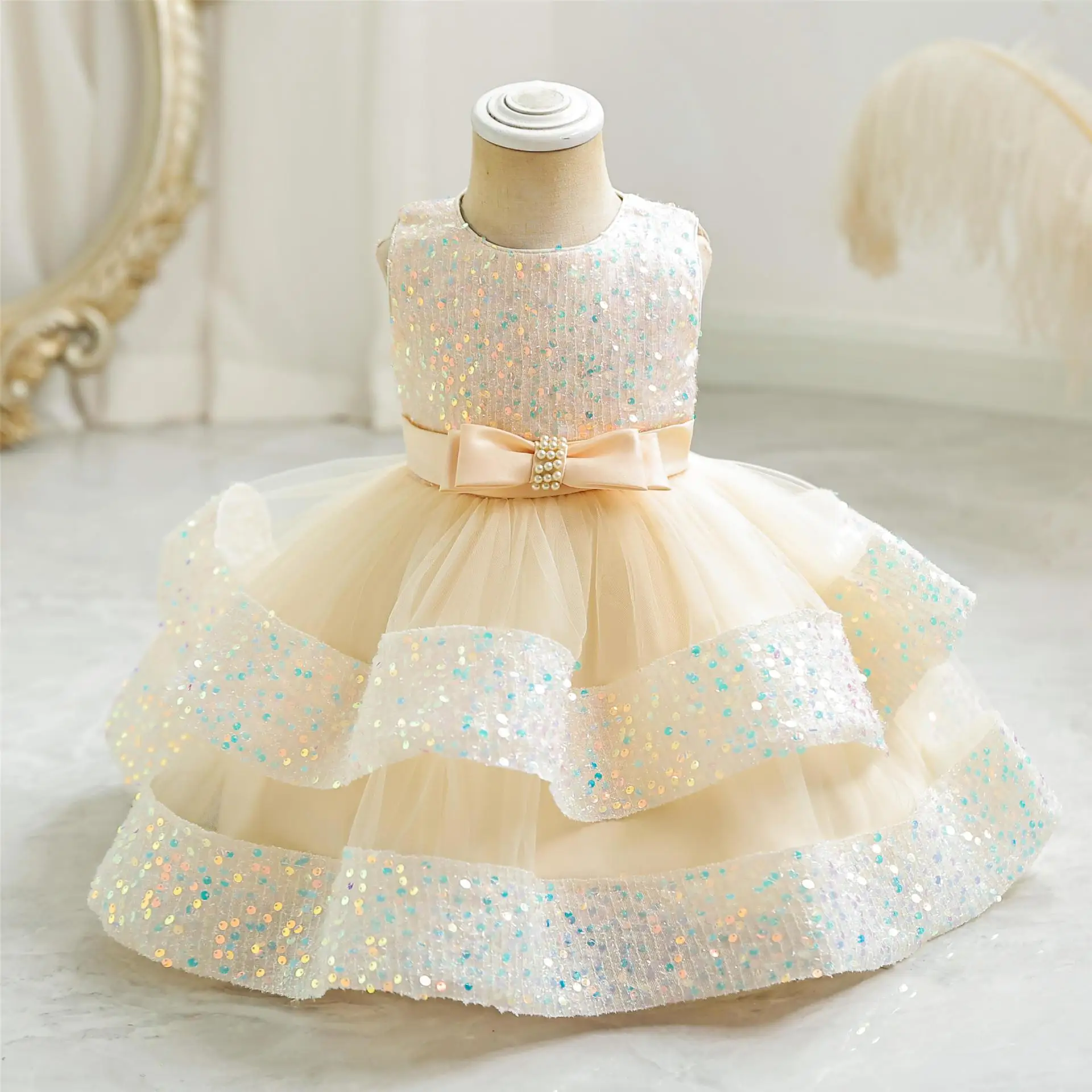 1-6 Years Elegant Wedding Birthday Dresses For Girls Sequins Layered Kids Party Ball Gown Children\'s Formal Graduation Clothes