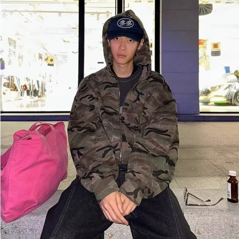 

Camouflage Mens Hooded Jacket Loose American Style Cardigan Sweatshirt High Street Versatile Casual Fashion Loose Men's Clothing