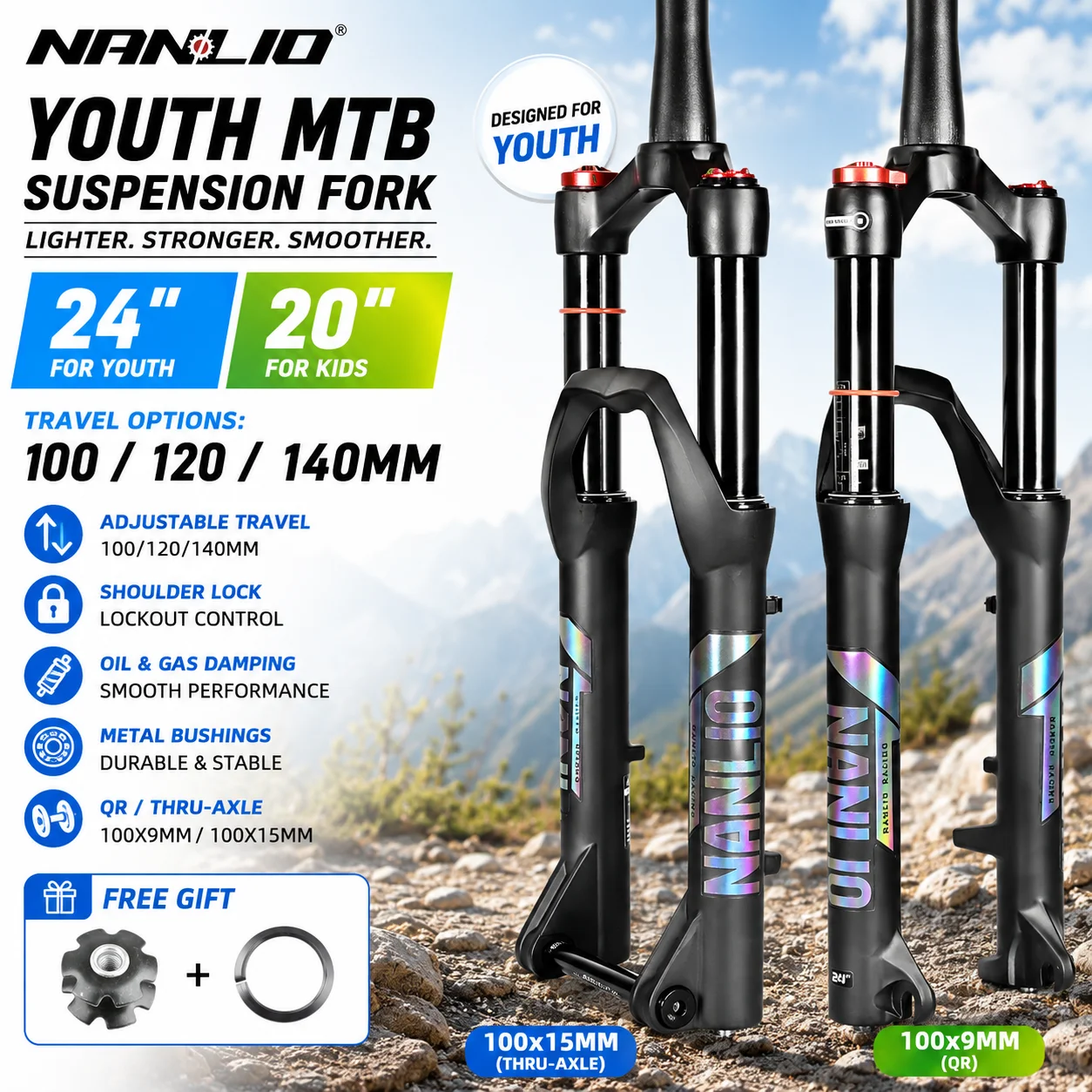 

NANLIO Youth MTB Air Suspension Fork 20 24 Inch 100 120 140mm Travel Lockout Oil Damping 100x9 100x15 Kids Bike Fork