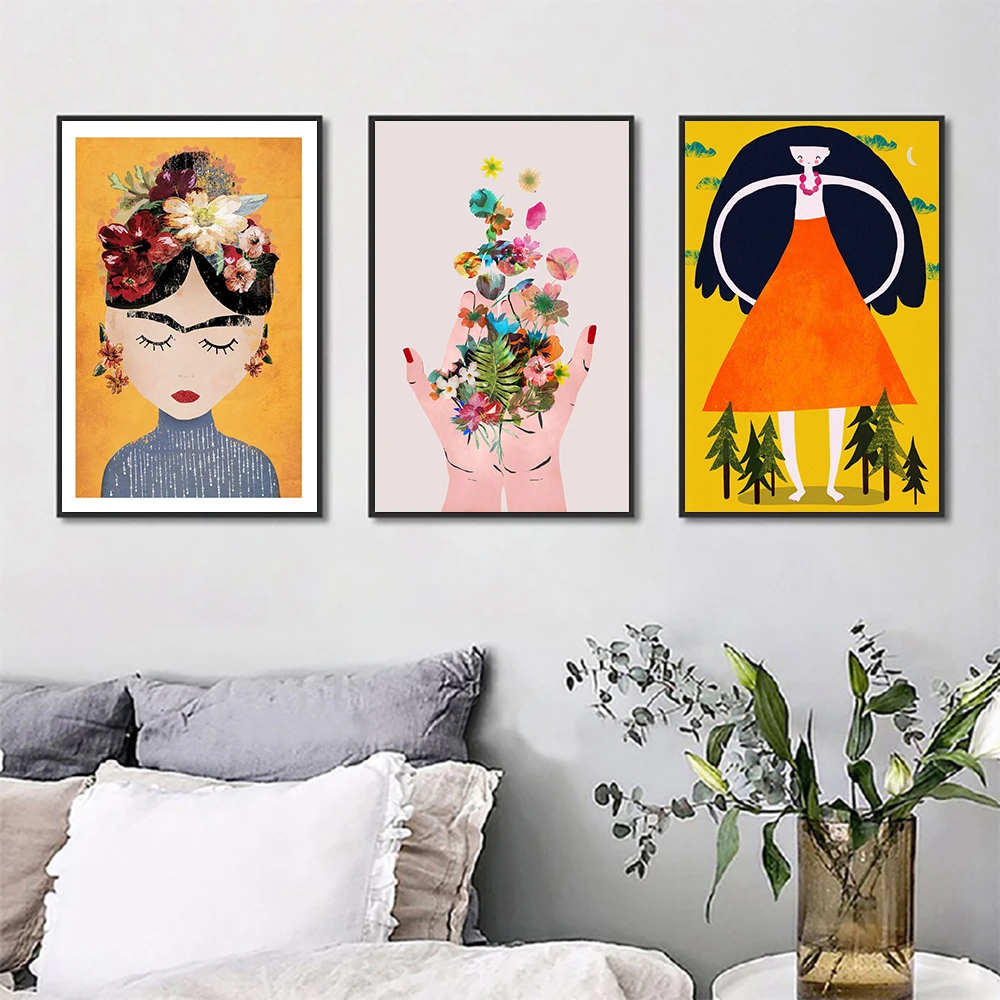 Boho Feminist Boobs Flower Hands Poster Print Canvas Painting Room Decor Frida K Art Work Picture Wall Art for Living Room Decor