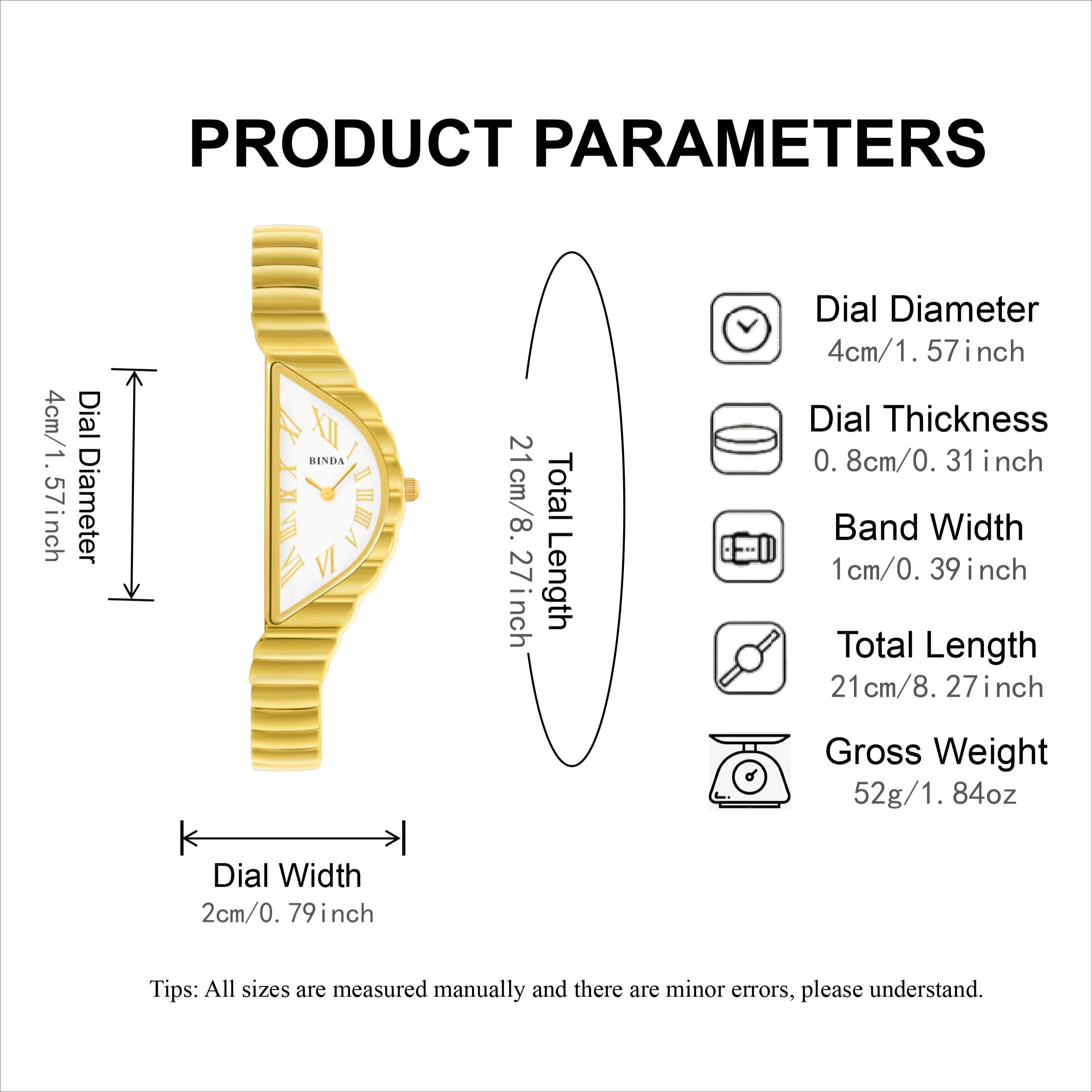 ساعة كوارتز نسائية من Binda - مينا بيضاء منحنية، مؤشر روماني نصف دائري، مقاومة للماء حتى 30 مترًا، مجموعة علب هدايا أنيقة
