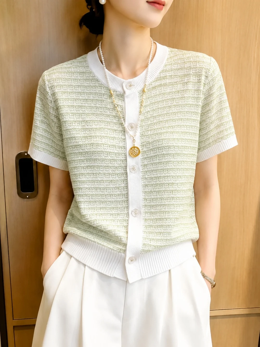 Korean Style Ice Silk Knitted Top Single Button Color Block Design Lazy Fashion Summer New Arrival Women's Silk Blouse