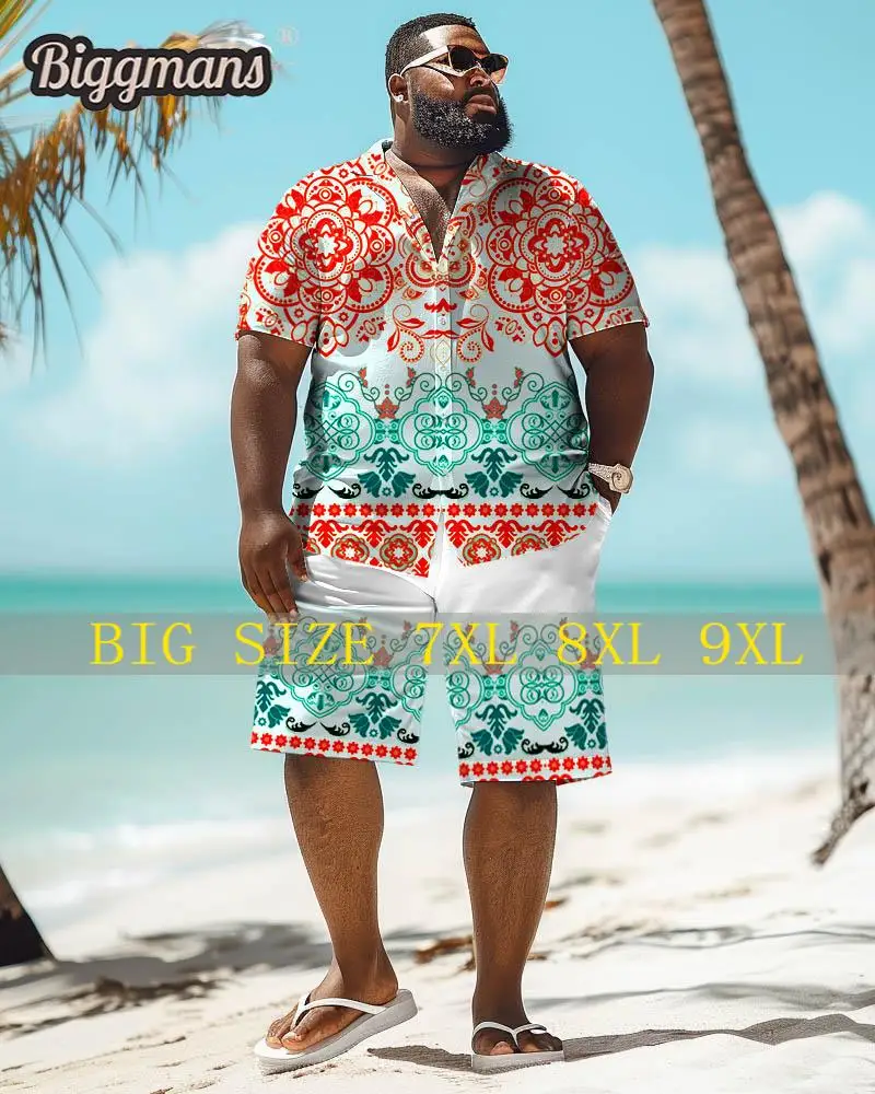 Biggmans Shirt Plus Size Set L-9Xl for Summer Beach Clothing Oversize Hawaii Suit Men's Tropical Leaf Print Large 7XL 8XL