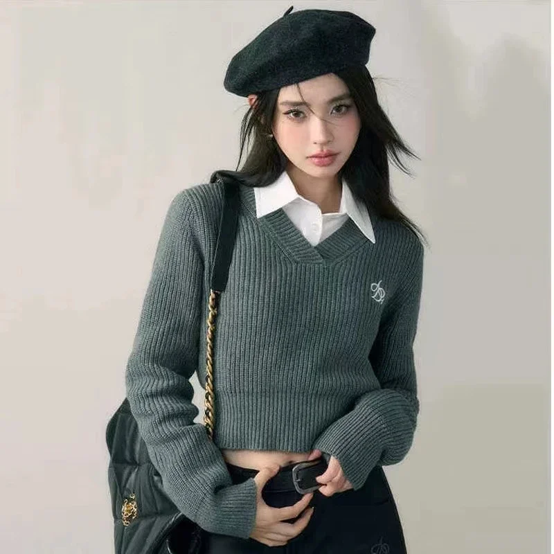 Vintage Gray Knit Jumper Korean Style Slim Harajuku Basic Black Cropped Sweater Women Long Sleeve Female Fashion