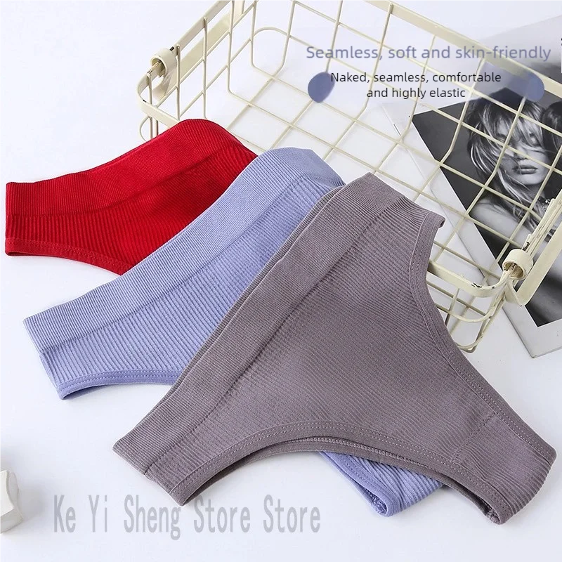 3PCS of women's underwear, thong, girls' T-shirt, large-sized seamless, women's sports underwear, solid color mid-waist, sex image 5