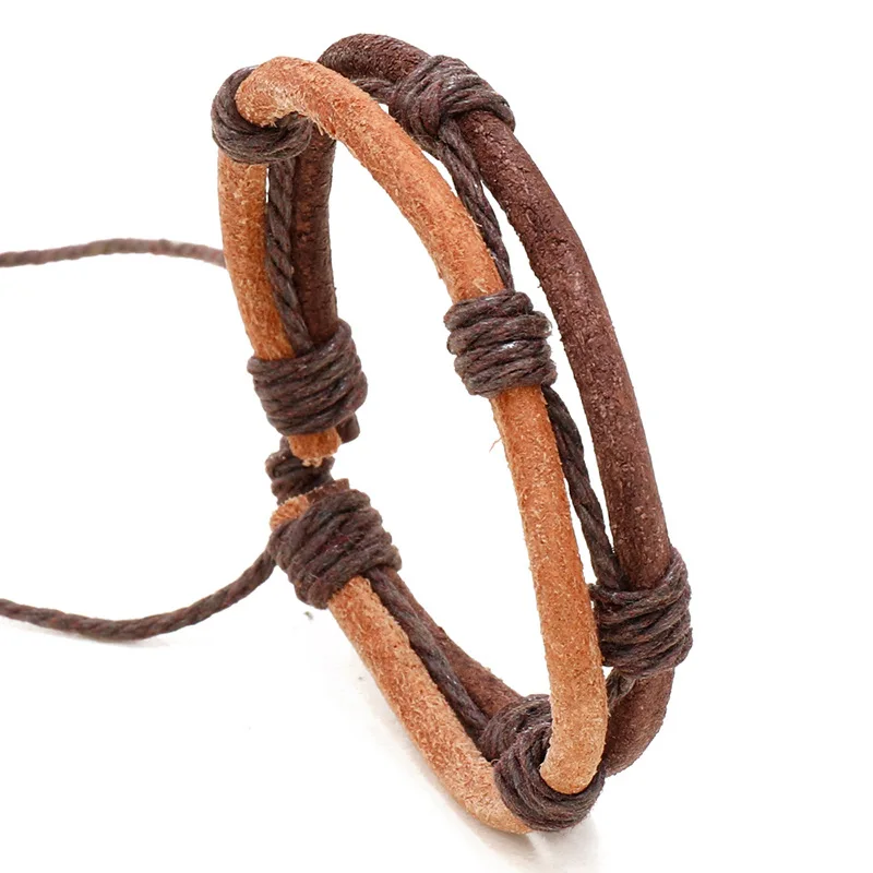 1 Piece Men Simple Hand Weaven Leather Bracelet Two Layer Adjustable Bracelet For Men