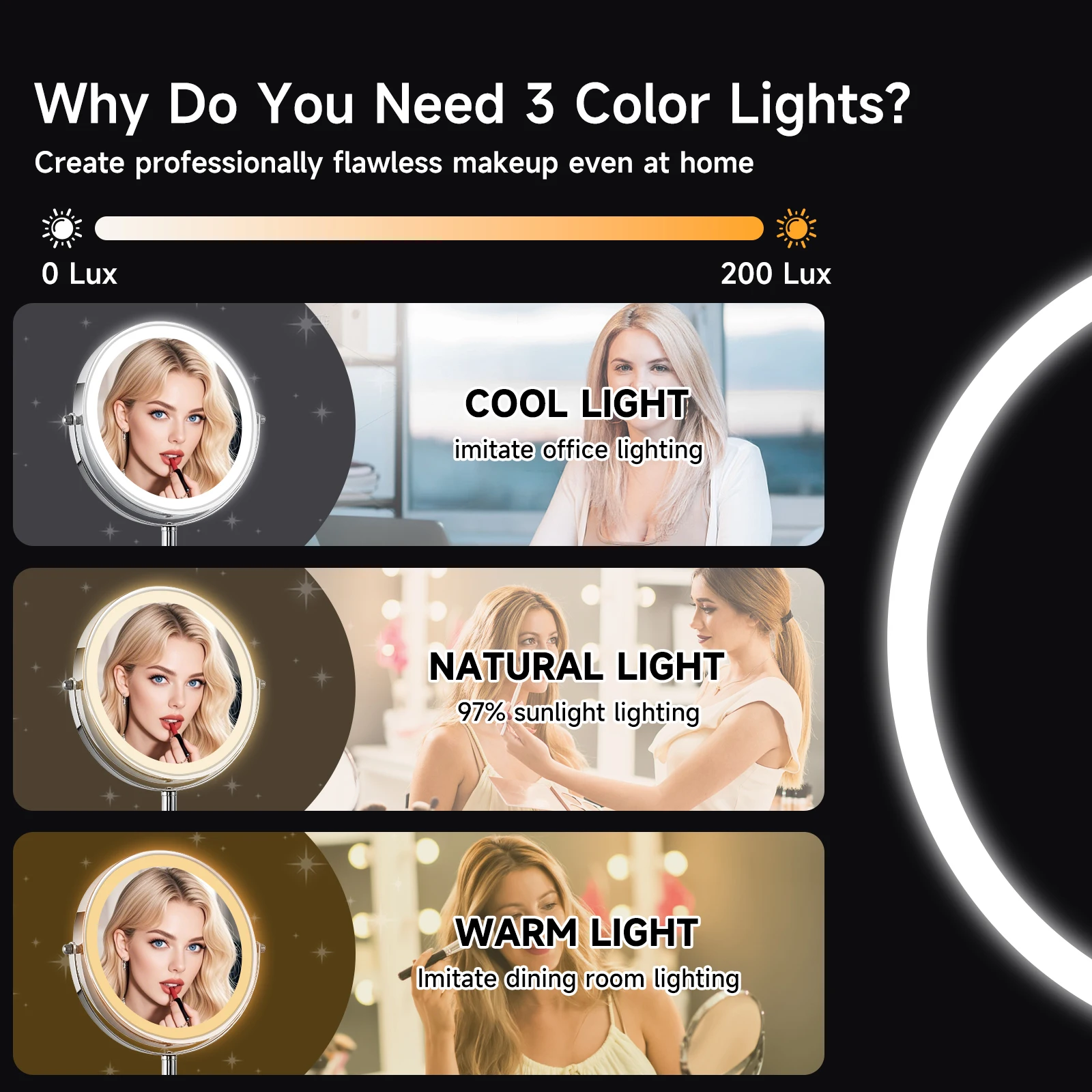 Espelho de maquiagem iluminado com luzes mais brilhantes, espelho de vaidade de mesa com ampliação HD 1x/10xTrue com controle de toque, 360 ° recarregável