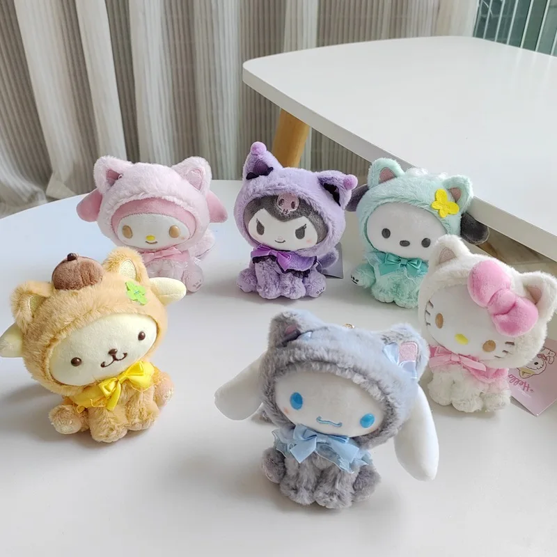 Llavero con colgante de gato para niños, muñeco de peluche con diseño de gato, diseño bonito de Kuromi Become Cat, Cinnamoroll, Pacha, Sanrio,