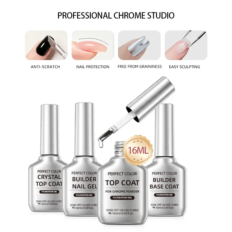 PERFECT COLOR Professional Chrome Studio, Chrome Powder Top Coat, Builder Gel Base & Crystal Top Coat Set, UV LED Cure
