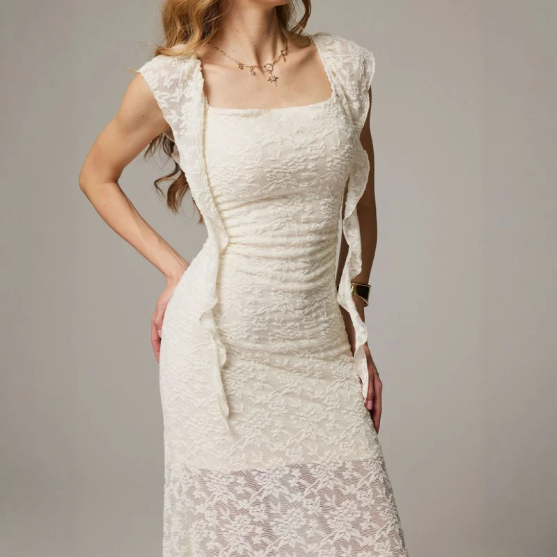 Women 2025 Summer New French Vintage Lace High Waist Dress Short Sleeve With Flounce Elegant Slim Fit Gown for Ladies