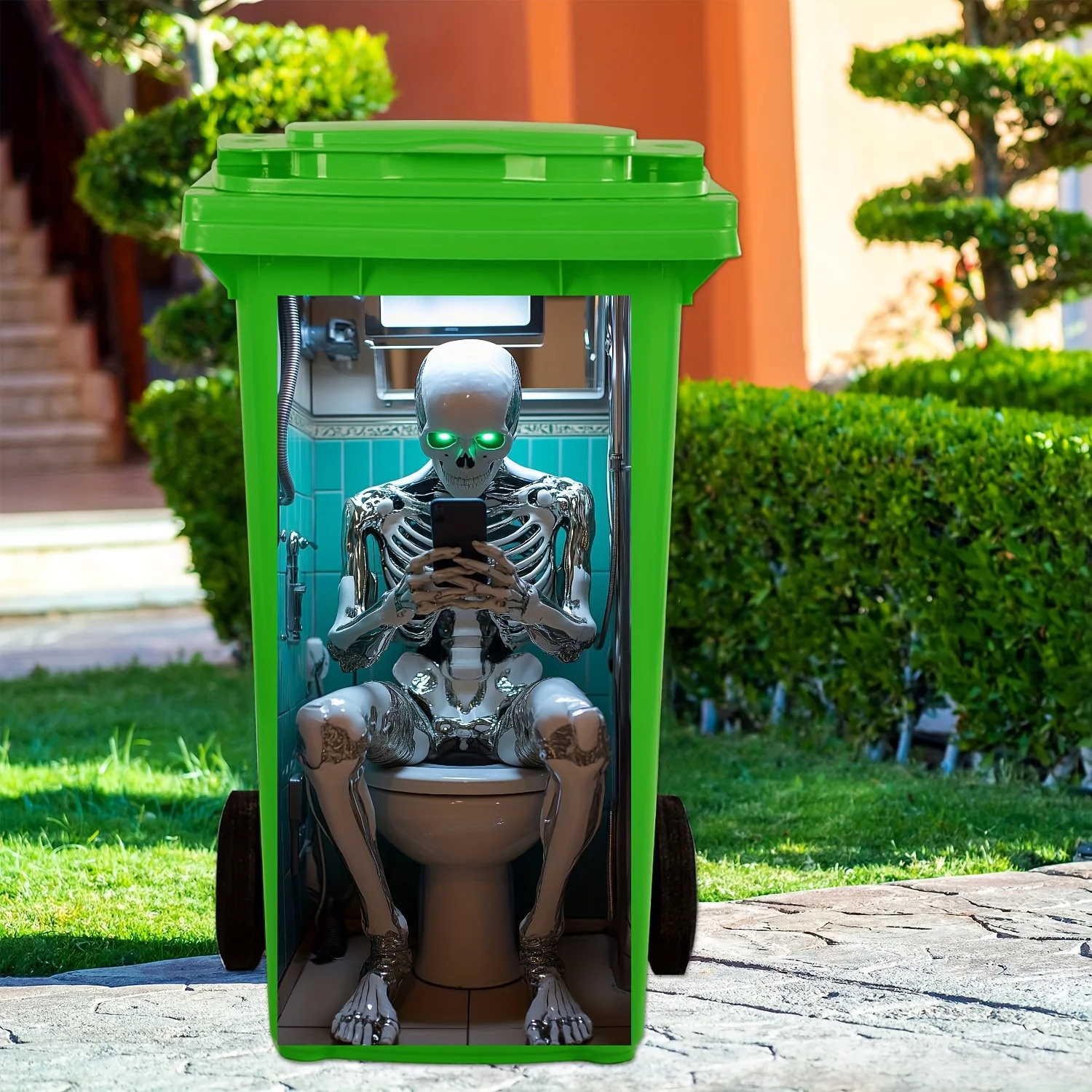 1 Totenkopf-Roboter-Mülleimer-Aufkleber, 11,81 x 27,56 Zoll, PVC, selbstklebender Aufkleber, kreative Gothic-Heimdekoration