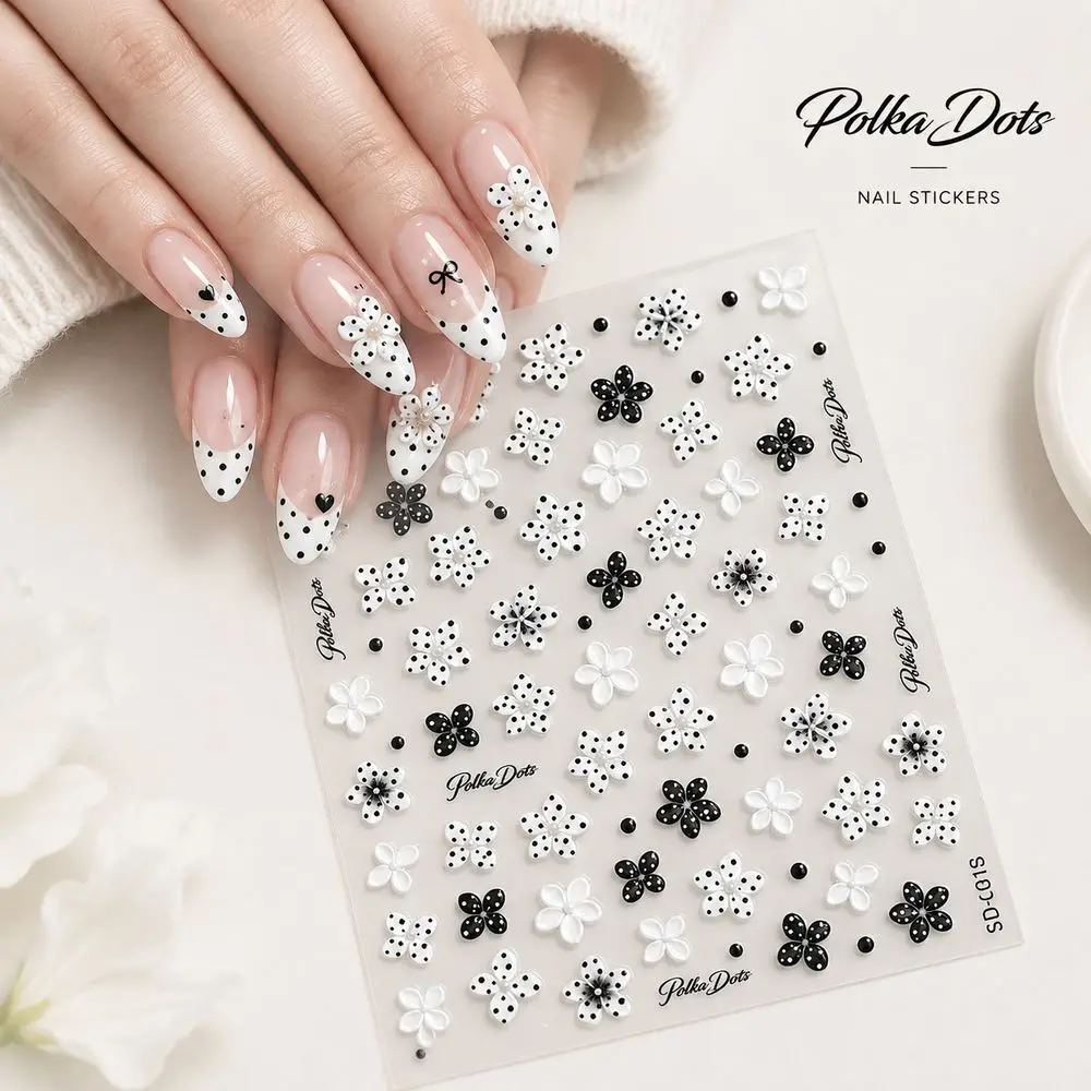 1Pc Embossed Nail Decals Black White Polka Dot Flower Self Adhesive Sliders DIY Nail Decorations Set for UV Gel Acrylic Nails