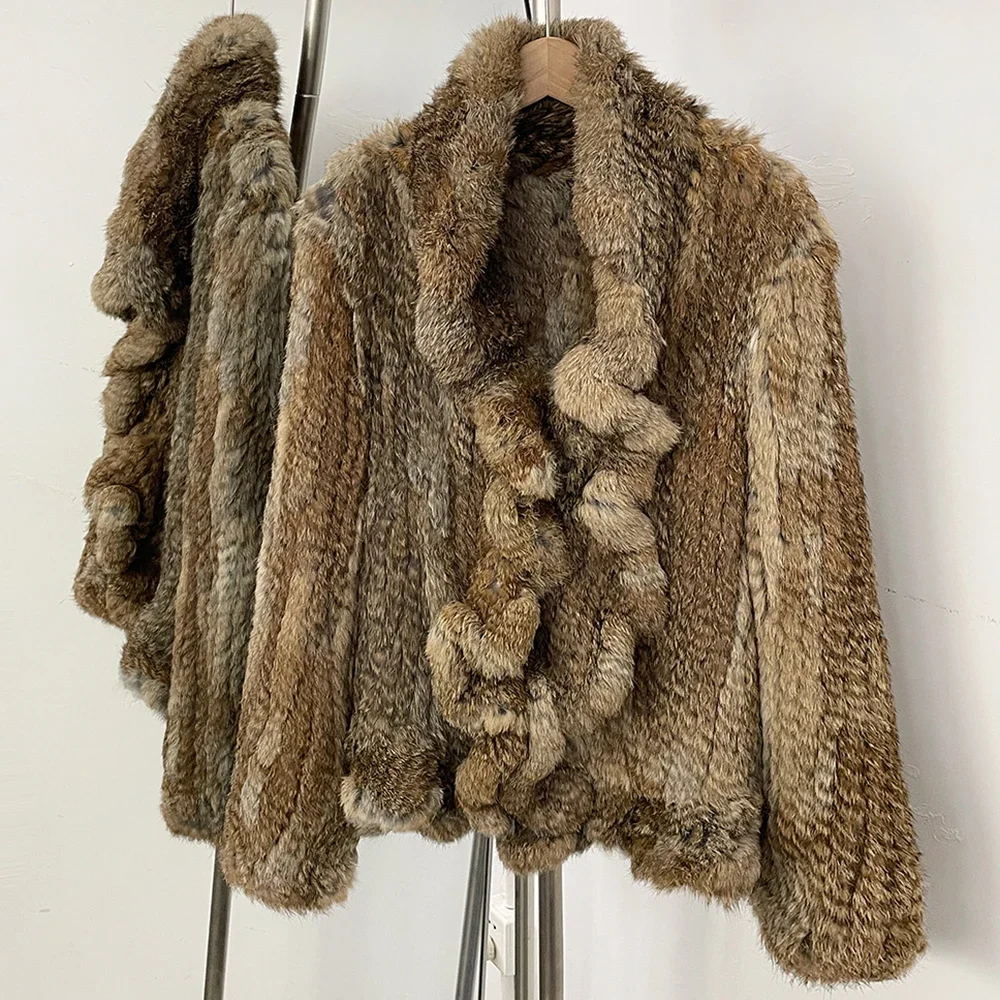 OFTBUY Weiche, leise, luxuriöse neue Winteroberbekleidung für Damen, handgestrickte Echt-Kaninchenfelljacke, gerüschter V-Ausschnitt, kurzer Pelzmantel für Damen – Detail 11