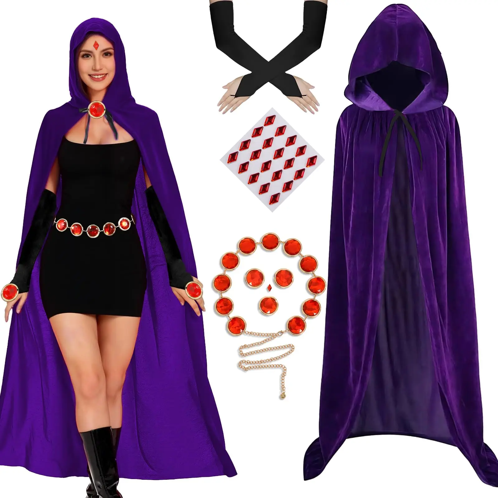 

Women's Halloween Costume Purple Hooded Cape with Adjustable Red Gem Waist Belt Plus Size Cloak Anime Cosplay Outfit