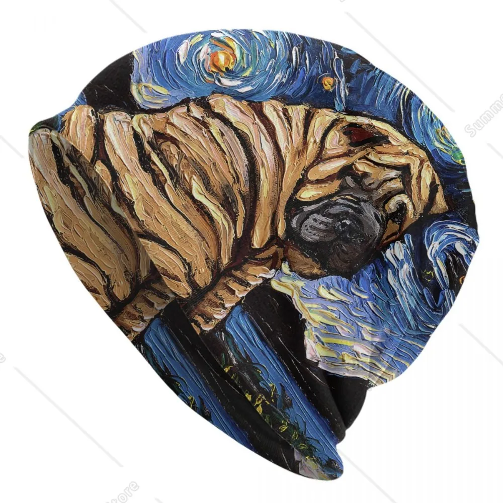 Starry Night Sharpei Beanie Cap Unisex Winter Warm Bonnet Homme Knitted Hat Outdoor Ski Shar Pei Dog Skullies Beanies Hats