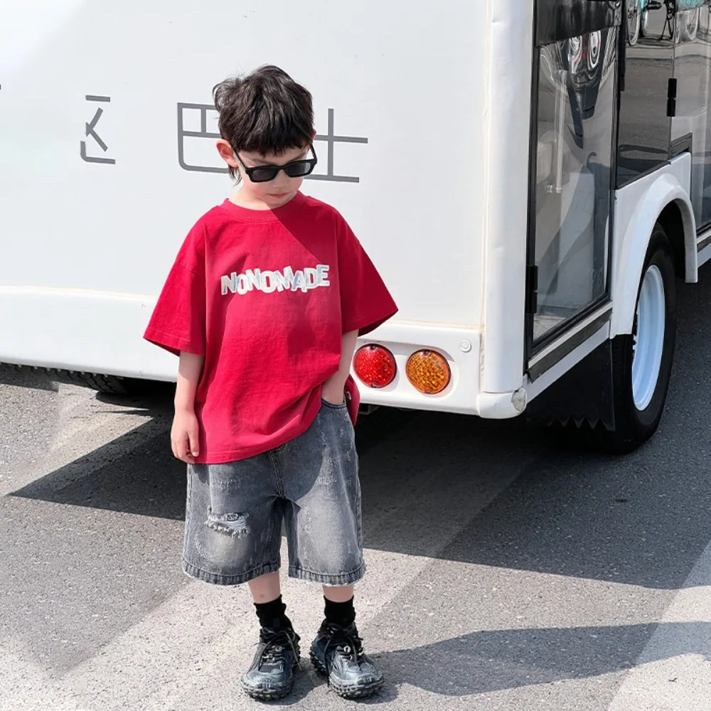 

Boy Short Sleeves Korea Style 2024 Summer New Letter All Match T Shirt Loose Half Sleeve Fashion Handsome Kids Summer Clothes