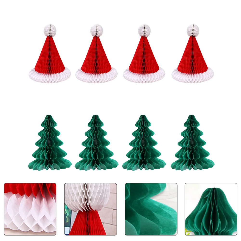 

8Pcs Christmas Honeycomb Hat Tree Paper Hanging Pendants Festive Xmas Party Decoration Props Honeycomb Hanging Decors