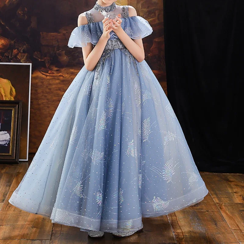 Customized Sweet O-neck Petal Sleeve Pincess Dress Elegant Slim Fit Floral Sequin Ball Gown Front Diamond Appliques Flower Girl