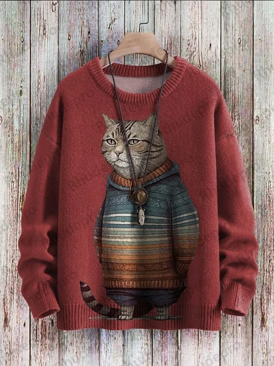 Retro Sunset And Cute Cat Pattern 3D Printed Men's Crewneck Knitted Pullover Winter Unisex Casual Knit Pullover Sweater