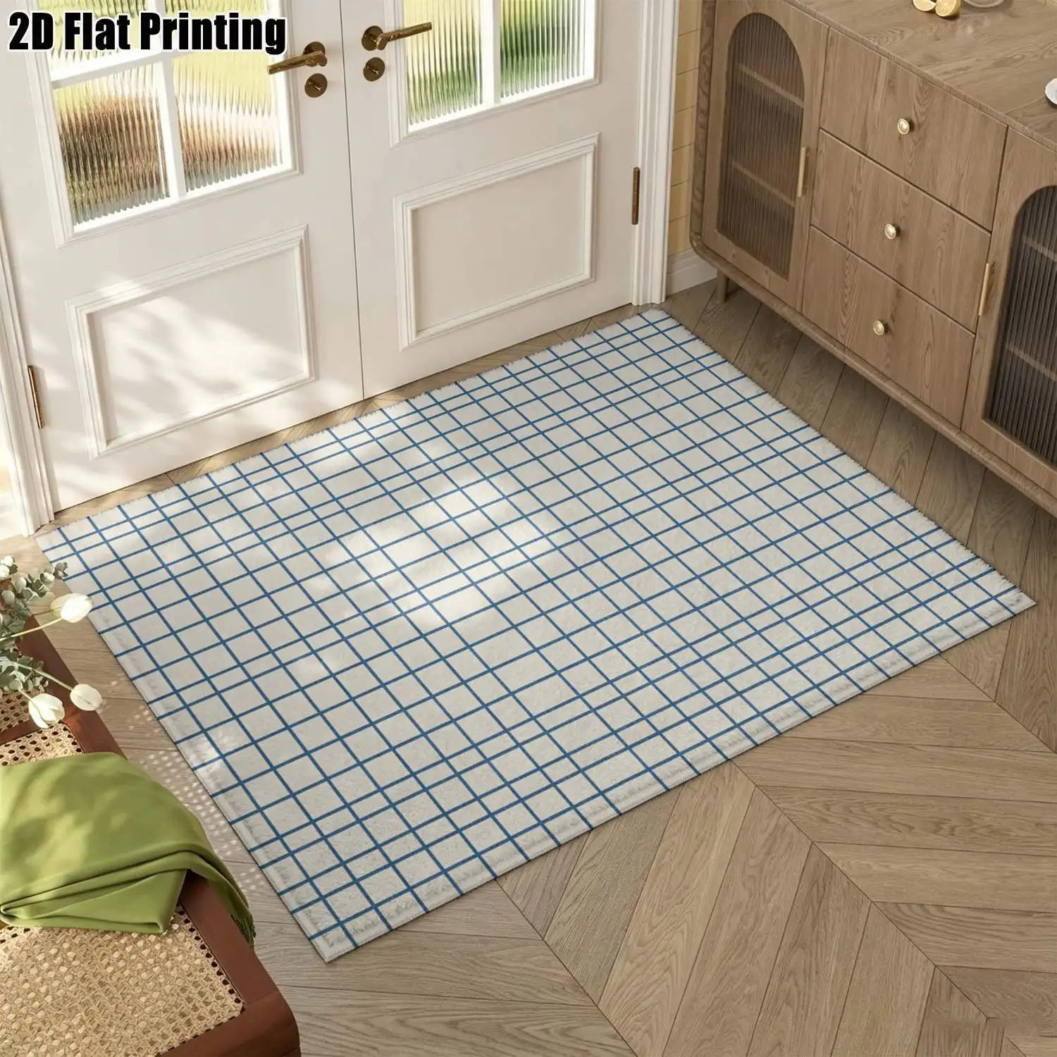 1Pc 2D Printed Nordic Carpet, Blue White Grid Pattern, Modern Minimalist Geometric Floor Mat, Machine Washable, Multi-Size, for Home Decor, Entrance, Dining, Bedroom, Living Room