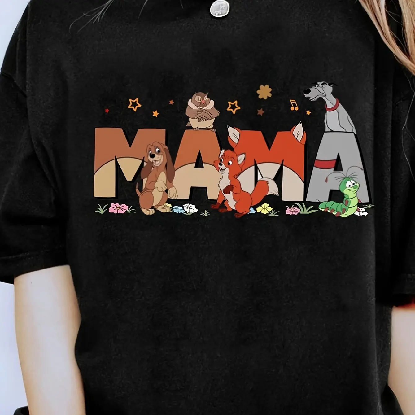 

Disney "Fox and Hound" Mommy T-shirt - Flower Star Pattern Design, Soft Black Top