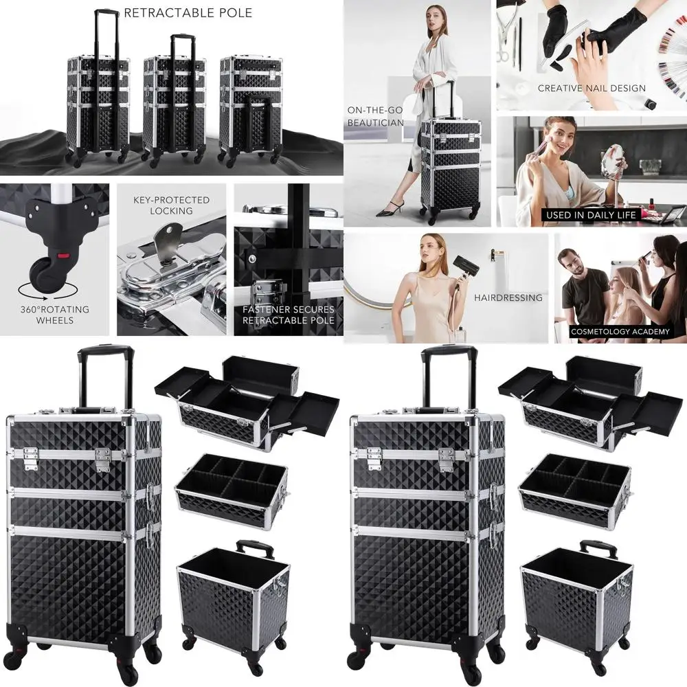 

Professional 3-in-1 Makeup Train Case with Large Storage, Swivel Wheels, and Vintage Black for Salon, Barber, and Traveling Need