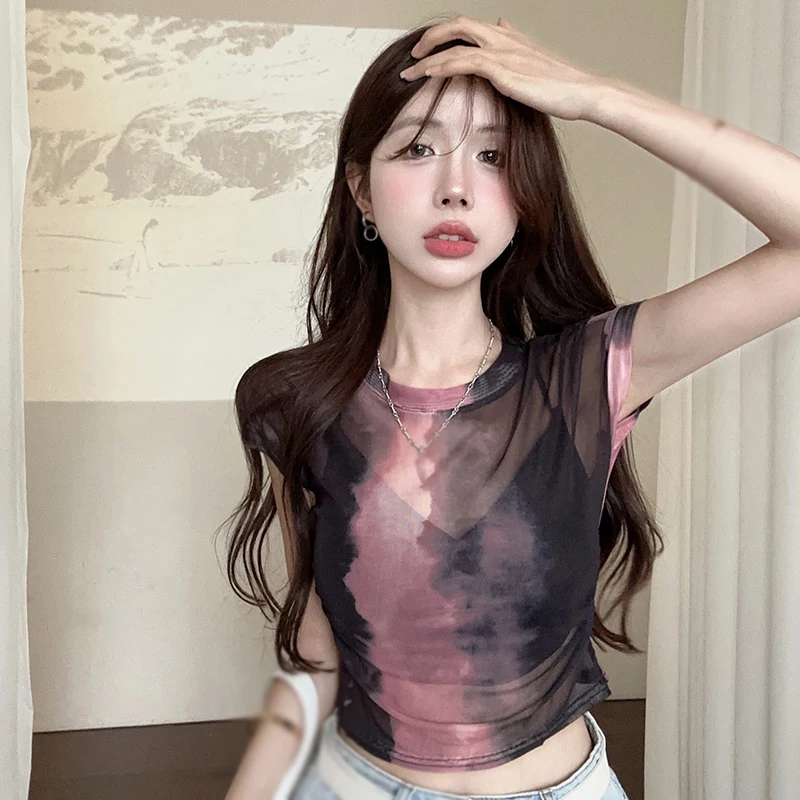 Women T-shirts Summer Crewneck Mesh Tie-dye Print Slim Fit Stylish Sexy Crop Top Short Sleeve Sun Protection