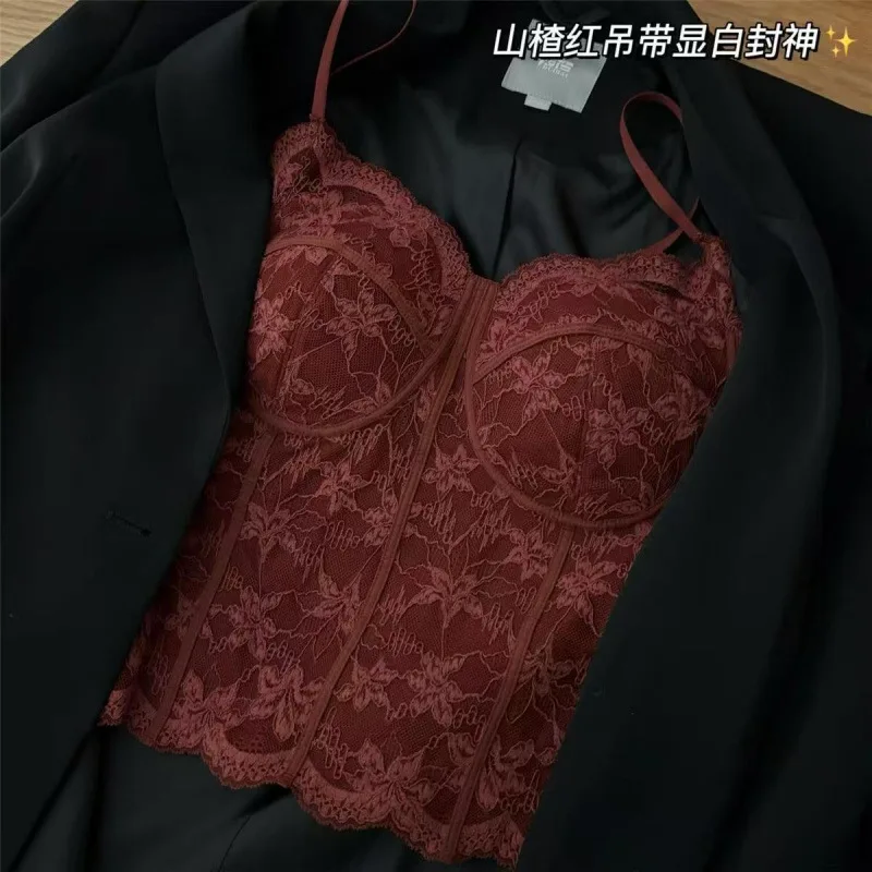 Mesh Flower Slim Lace Crop Top Sweet Bottoming Shirt Girl's Vest Top Spicy Girls Style Summer Camisole with Pads Women