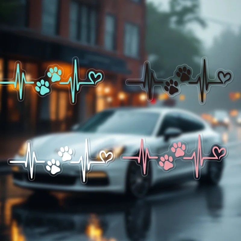 ECG Heartbeat Dog Paw Cat Paw Vinyl Decal, Love Heart Dog Footprint Car Sticker, Body Mirror Makeup Mirror Decor Sticker
