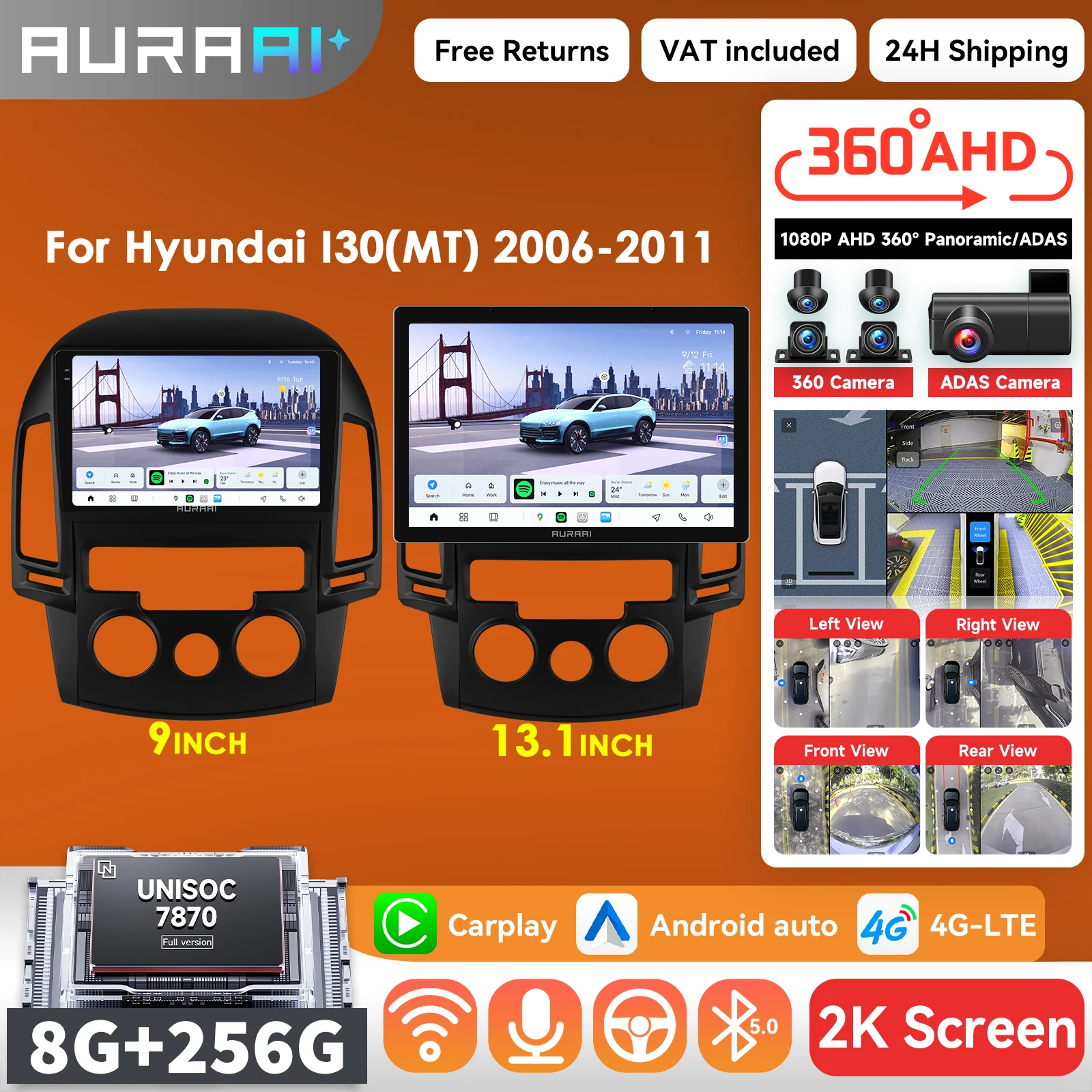 8 + 256G Carplay Android Auto radio Autoradio Für Hyundai I30 2006-2011 AT MT multimedia-player 2K Intelligente Bildschirm ADAS 360 Cam