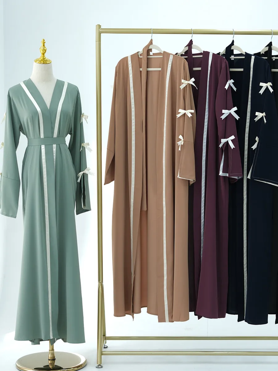

Muslim Women Dubai Abaya Bow Long Dress Kimono Cardigan Kaftan Modest Ramadan Robe Femme african dresses Islam Clothing Kebaya