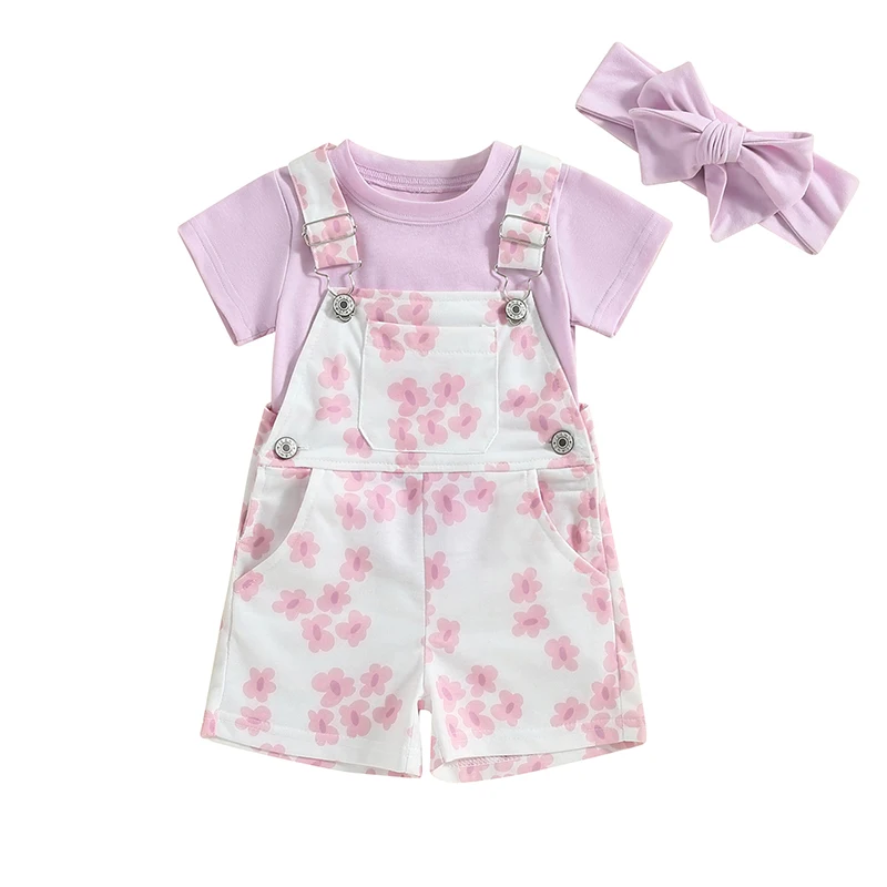 

Toddler Baby Girl Outfit T-shirt Tops + Flower Print Suspender Shorts + Headband Summer Clothes 0-3T