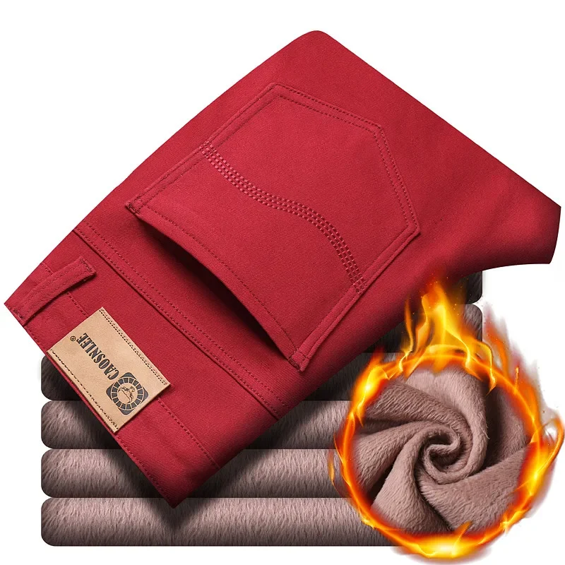 

Classic Style Men's Wine Red Winter Jeans Fashion Business Casual Slim Fit Straight Fleece Warm Denim Pants Male Brand Trousers