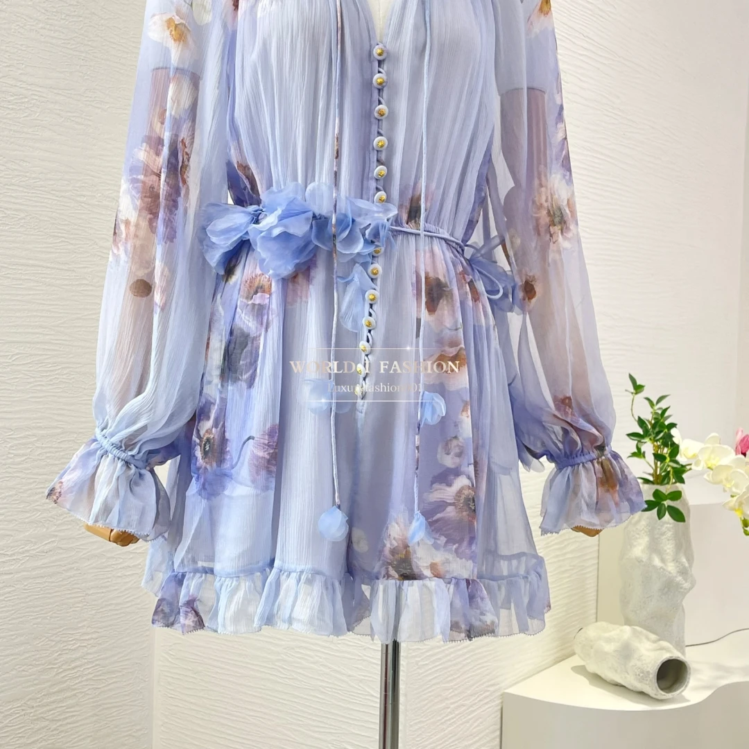 

Vintage Violet Purple Floral Print Long Sleeve Ruffles High Quality Playpsuits 2025 Woman Clothing