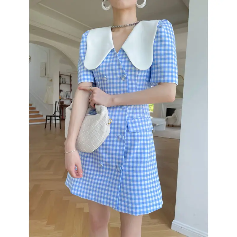 

2025 New French Retro Check Dress Women Summer Slim Waist Elegant Short Dress